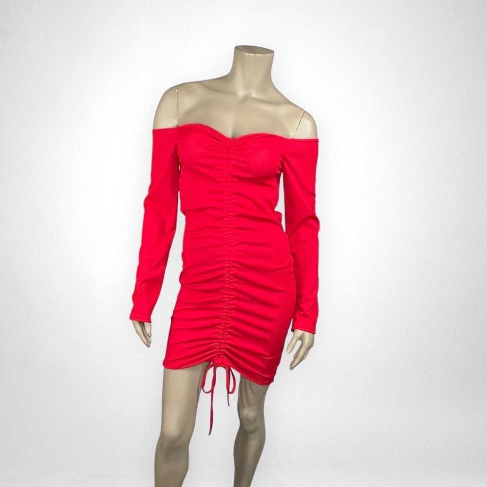 NWT PRETTYLITTLETHINGS Red Ribbed Long Sleeve Bardot Ruched Bodycon Dress 12